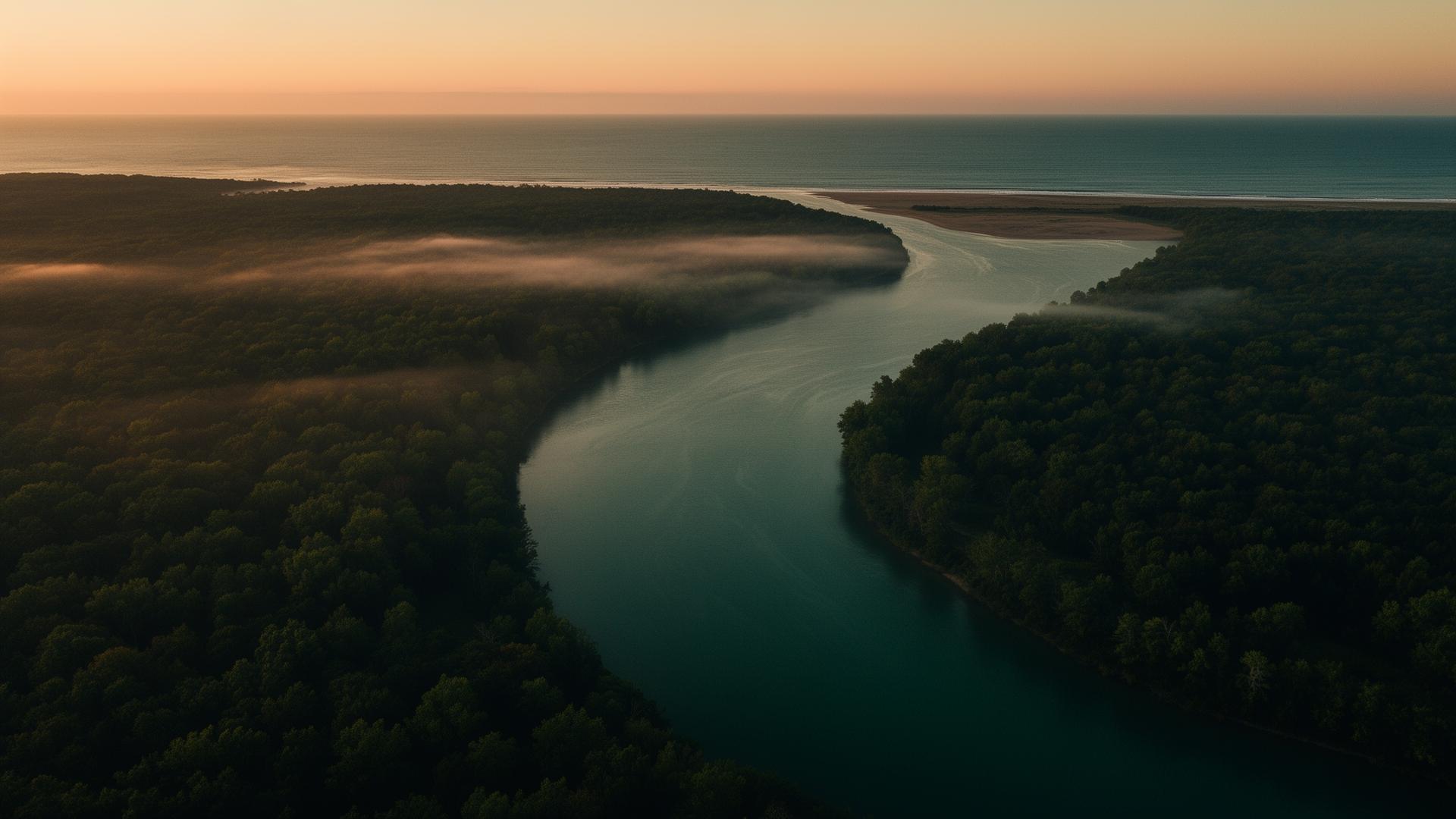 Michigan river meeting Lake Michigan at dawn